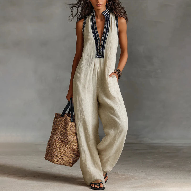Paloma - Women's Embroidered V-Neck Wide-Leg Jumpsuit