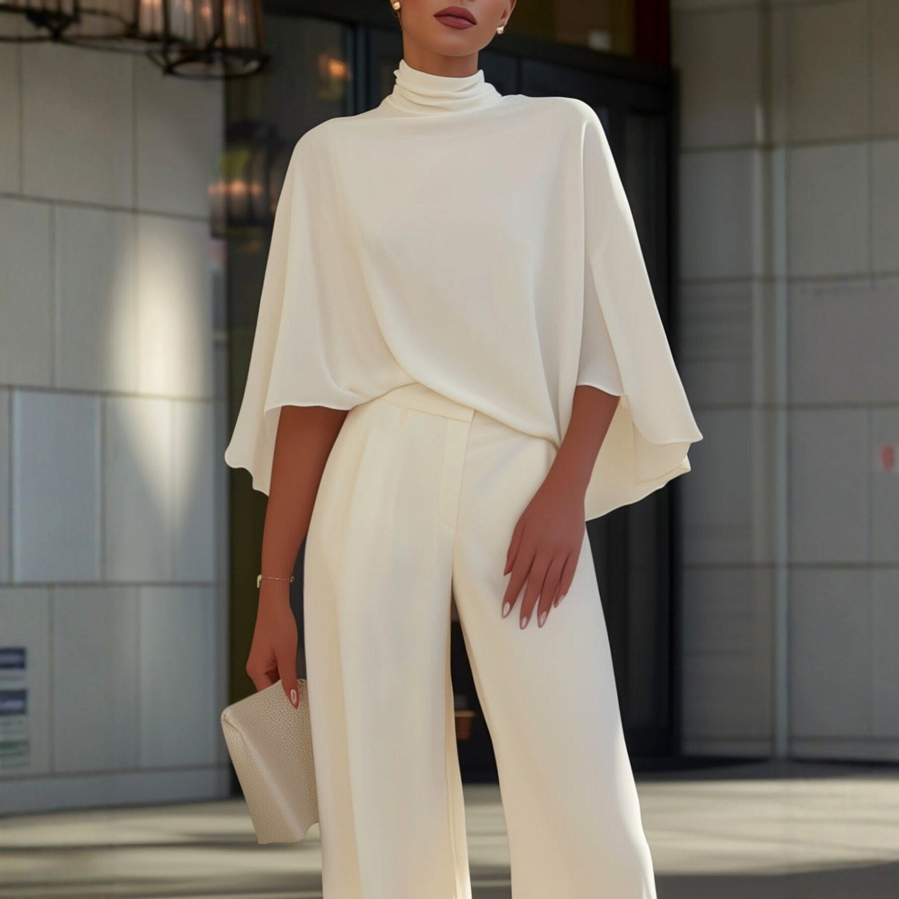 Pearl - Women's Cape Sleeve Top & Wide-Leg Pants Set 5