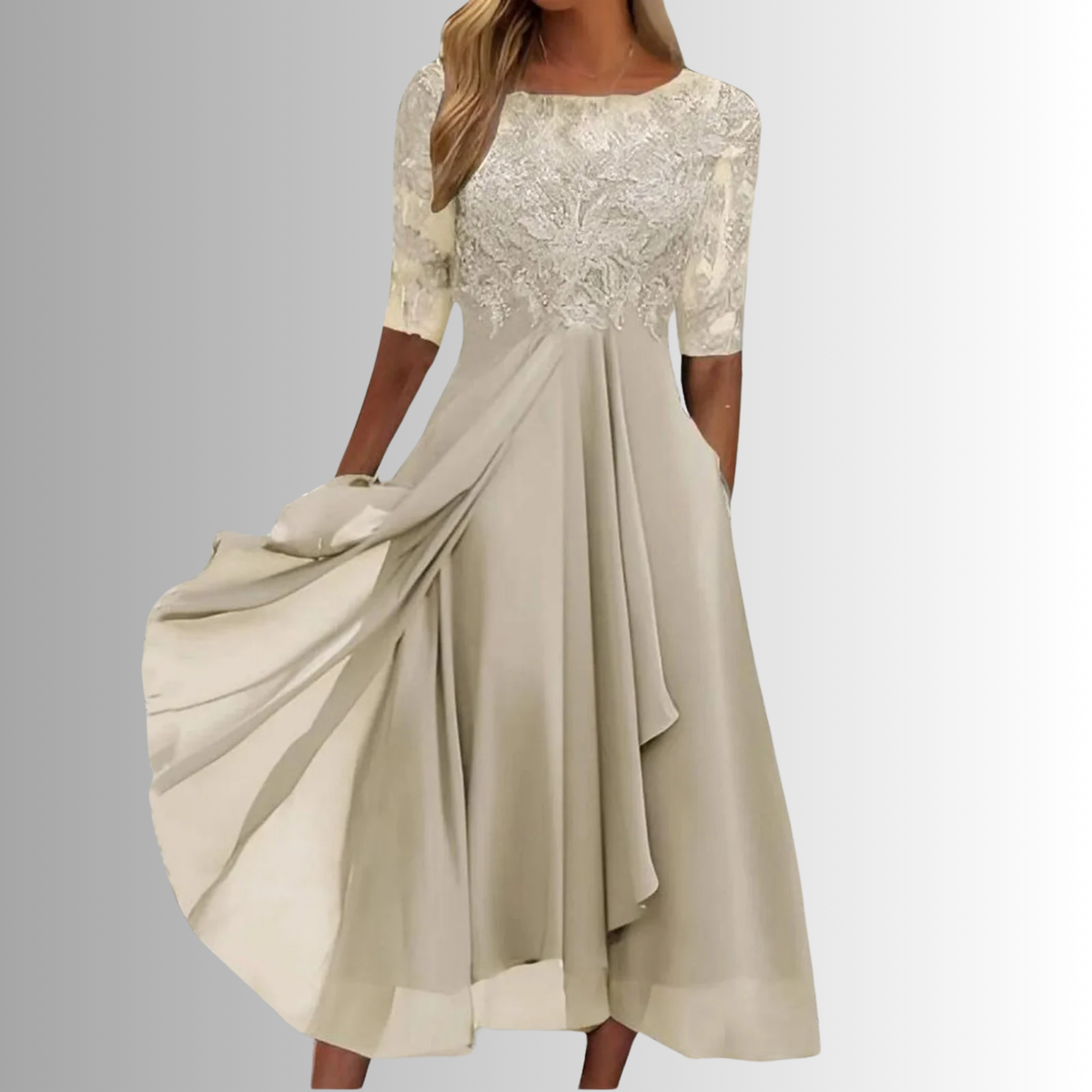 Petra - Women's Lace-Bodice A-Line Midi Dress