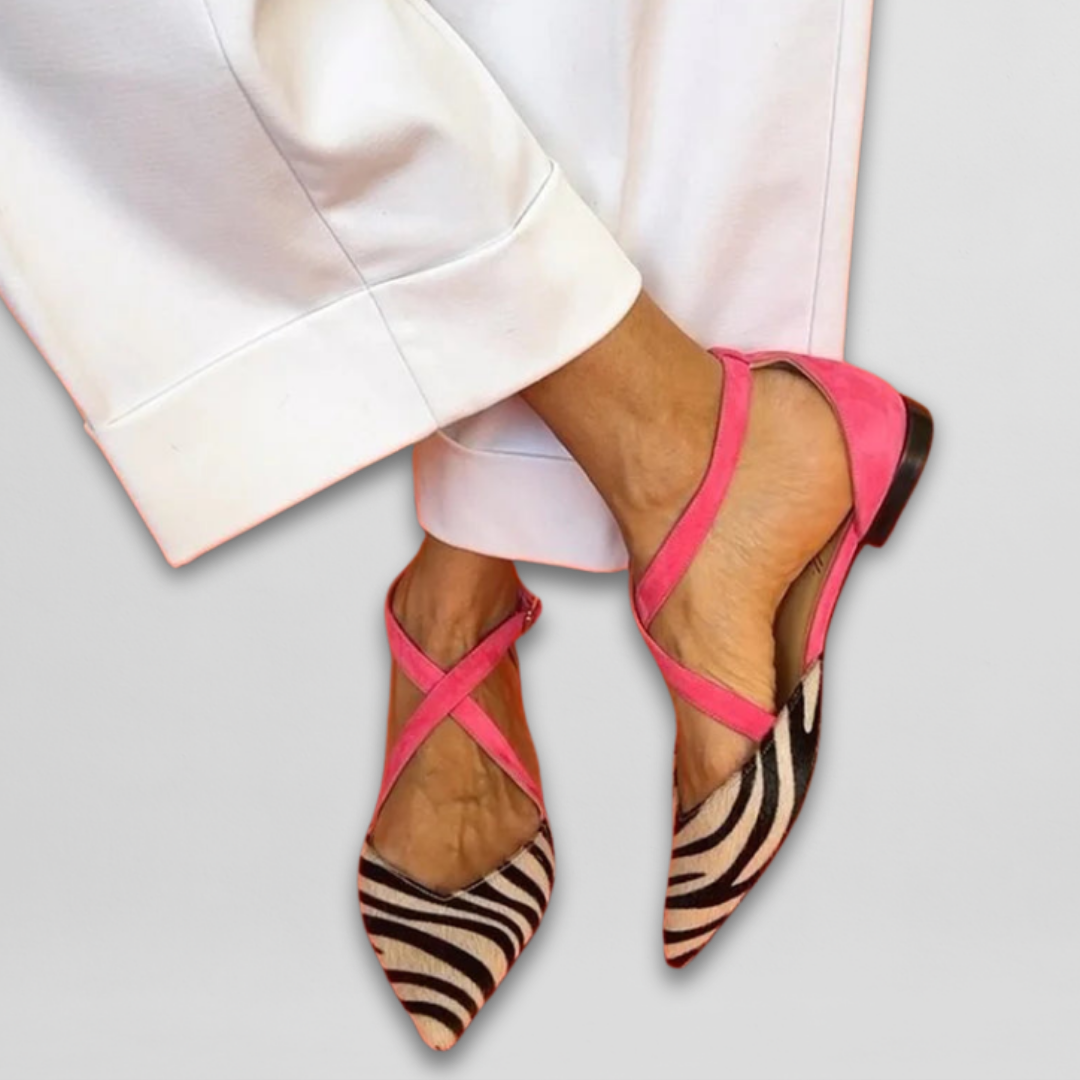 Phoebe - Women's Cross-Strap Pointed-Toe Flats with Zebra-Print Toe
