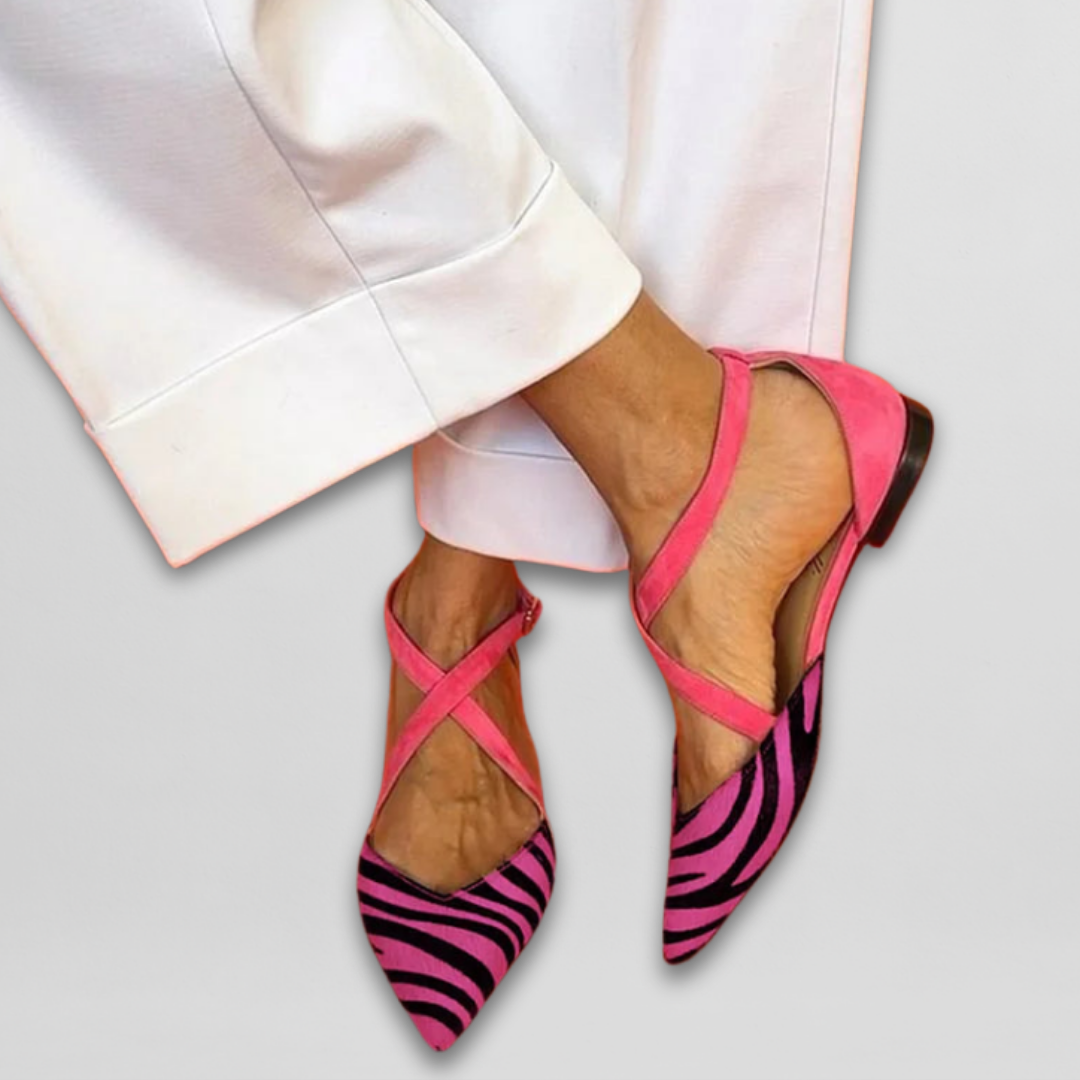 Phoebe - Women's Cross-Strap Pointed-Toe Flats with Zebra-Print Toe