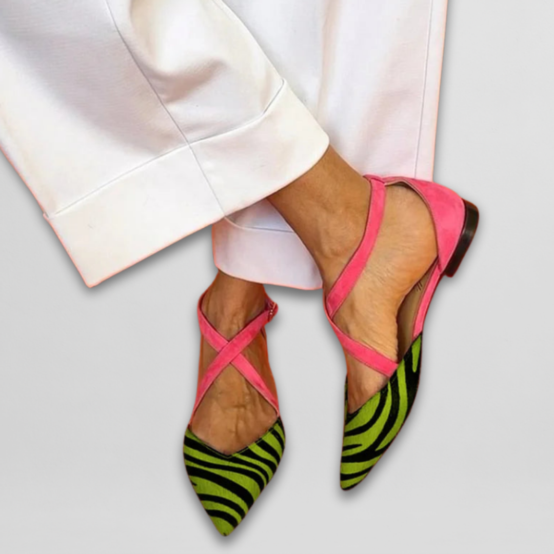 Phoebe - Women's Cross-Strap Pointed-Toe Flats with Zebra-Print Toe