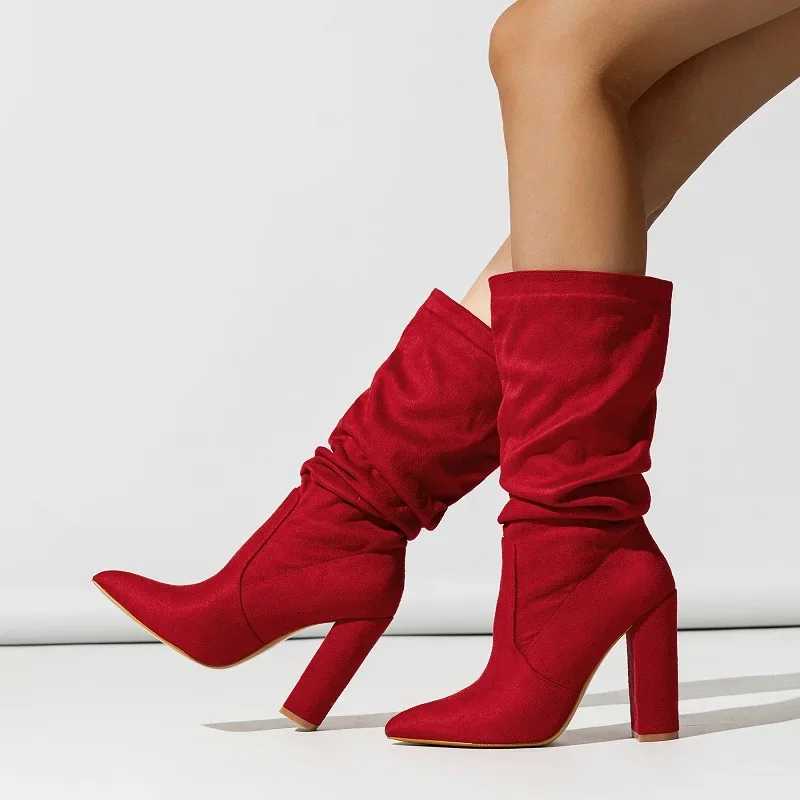 Portia - Women's Gathered Mid-Calf Block-Heel Boots