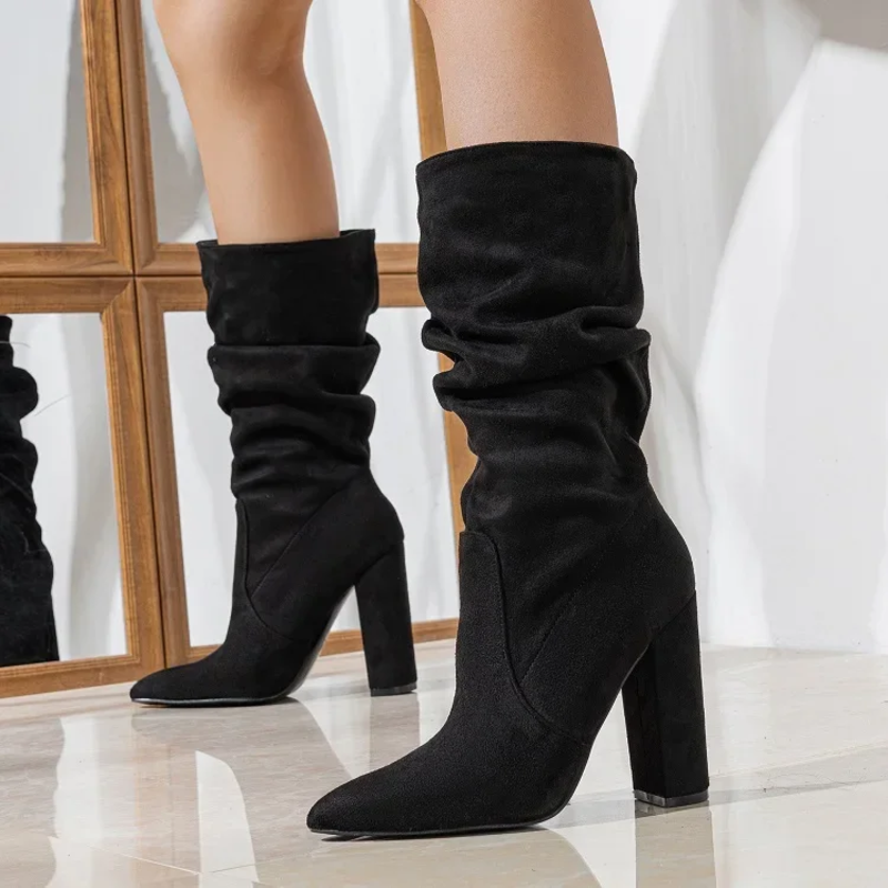 Portia - Women's Gathered Mid-Calf Block-Heel Boots