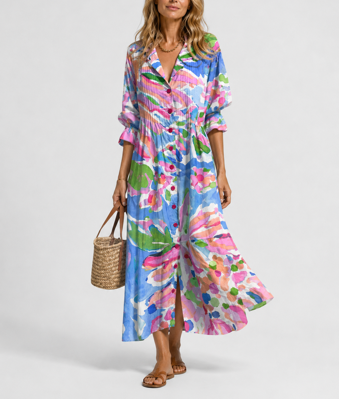 Priya - Women's Button-Front Printed Maxi Dress