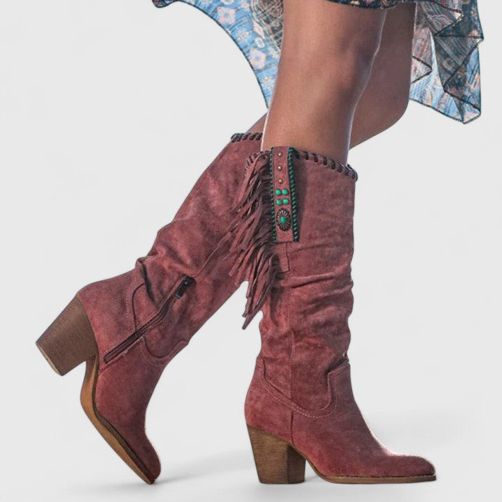 Quinley - Women's Fringe-Trim Suede Knee-High Boots