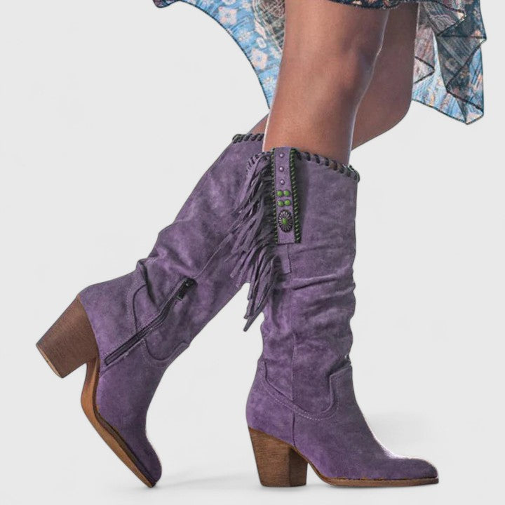 Quinley - Women's Fringe-Trim Suede Knee-High Boots