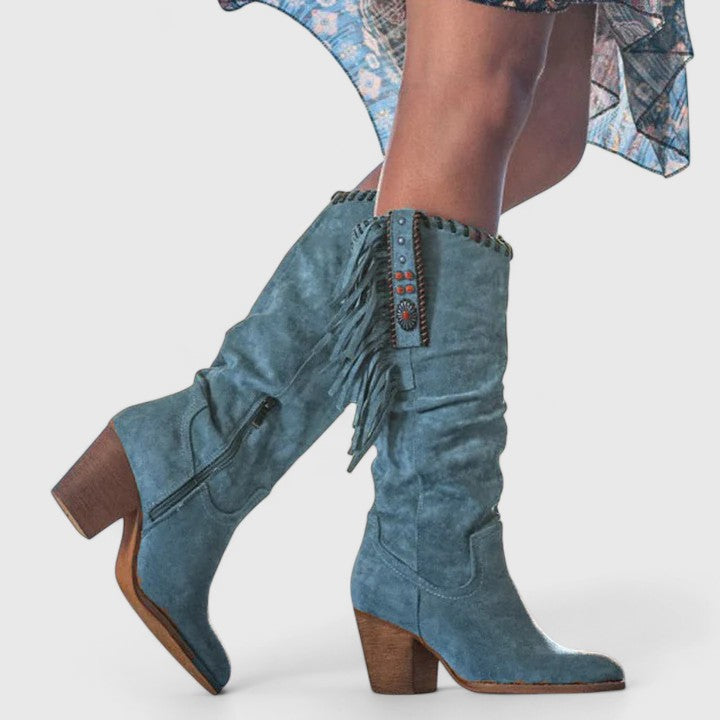 Quinley - Women's Fringe-Trim Suede Knee-High Boots