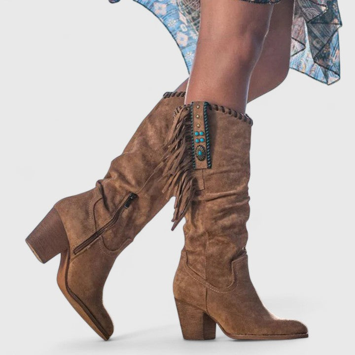 Quinley - Women's Fringe-Trim Suede Knee-High Boots