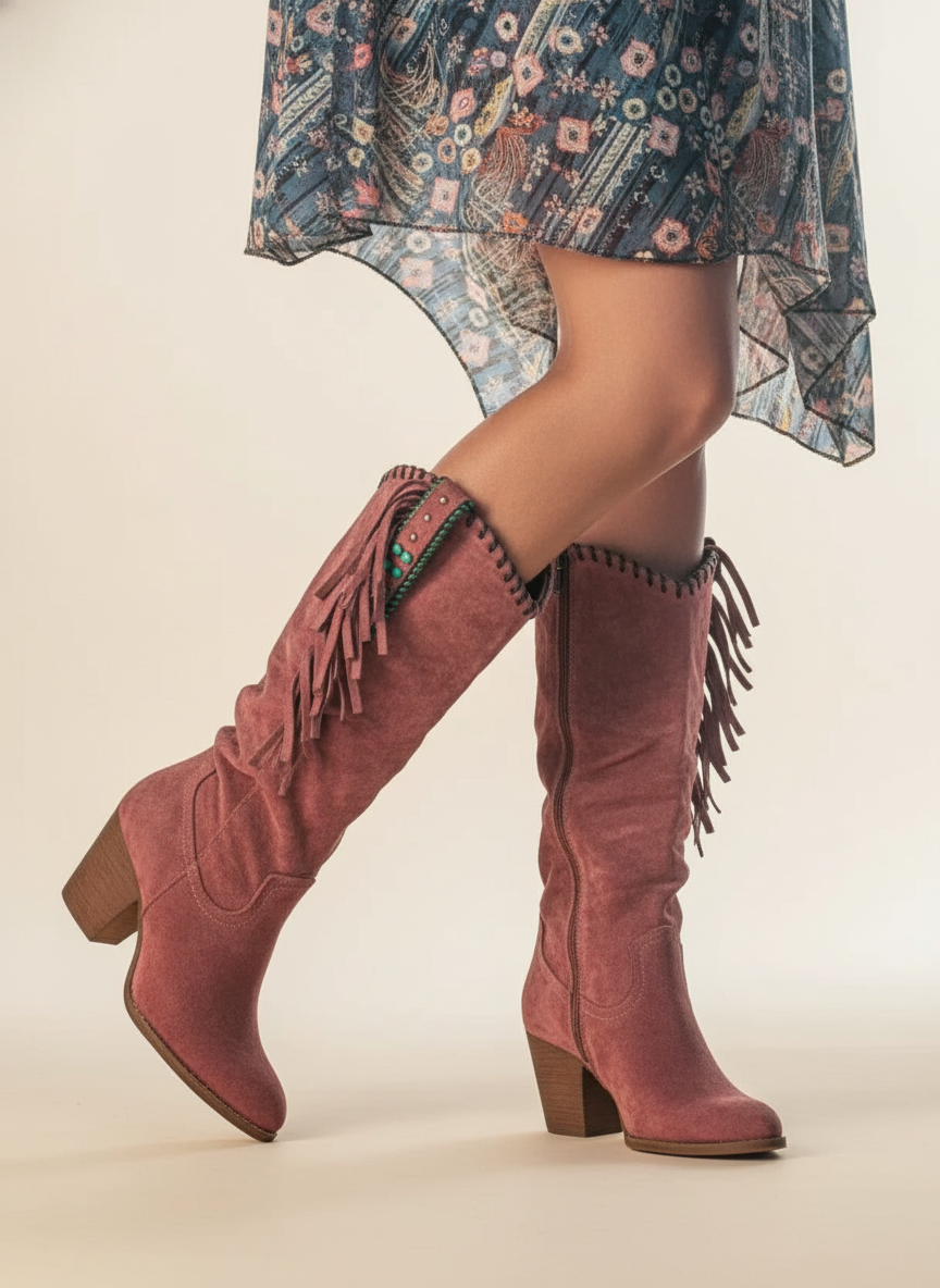 Quinley - Women's Fringe-Trim Suede Knee-High Boots