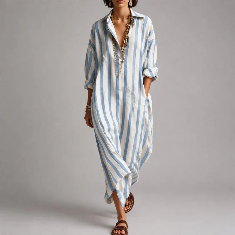 Rachelle - Women's Striped Button-Front Maxi Shirt Dress