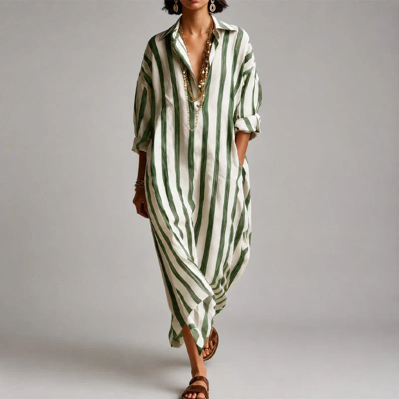 Rachelle - Women's Striped Button-Front Maxi Shirt Dress