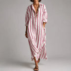 Rachelle - Women's Striped Button-Front Maxi Shirt Dress