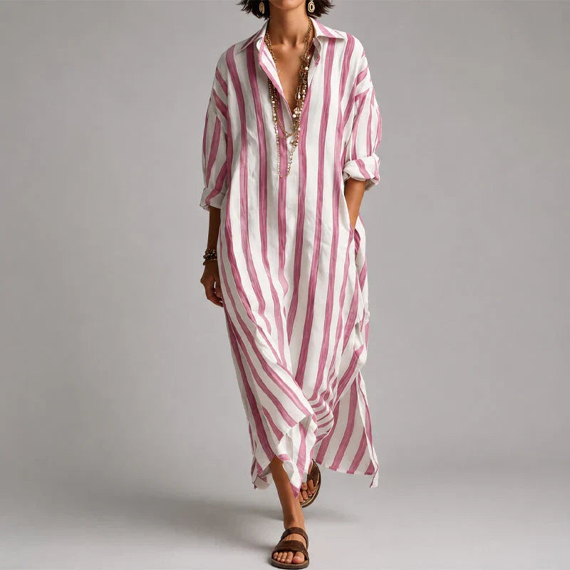 Rachelle - Women's Striped Button-Front Maxi Shirt Dress