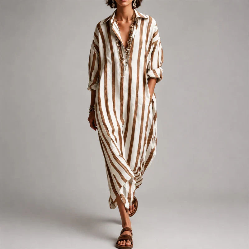 Rachelle - Women's Striped Button-Front Maxi Shirt Dress