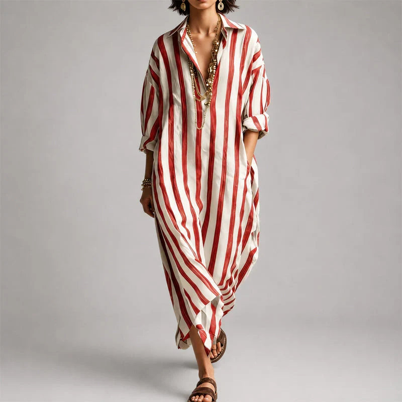 Rachelle - Women's Striped Button-Front Maxi Shirt Dress