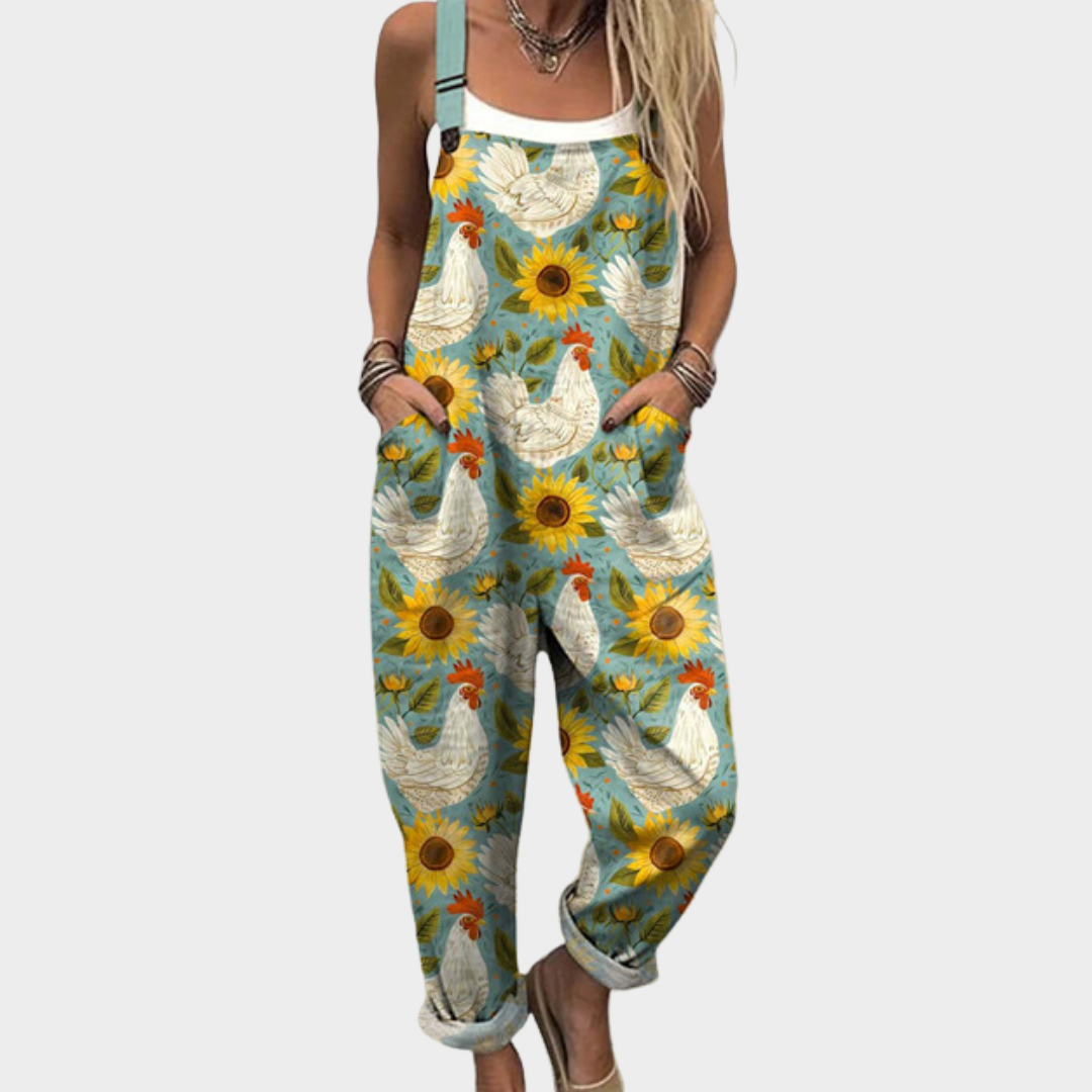 Ramona - Women's Chicken & Sunflower Print Overalls with Adjustable Straps