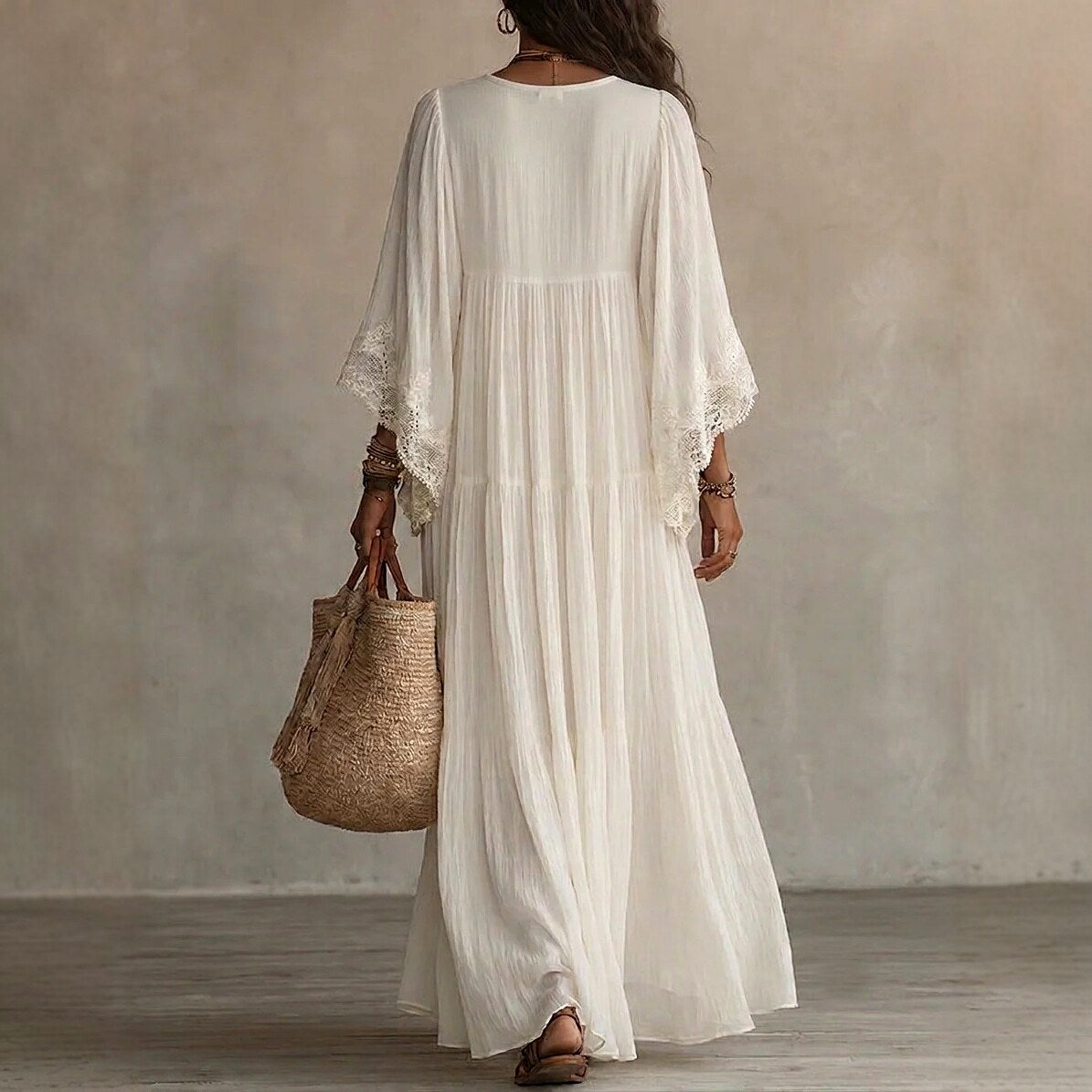 Ramona - Women's Lace V-Neck Flowing Boho Maxi Dress 2