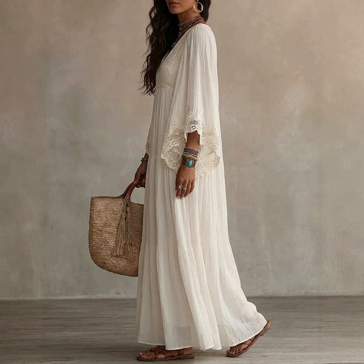 Ramona - Women's Lace V-Neck Flowing Boho Maxi Dress 3