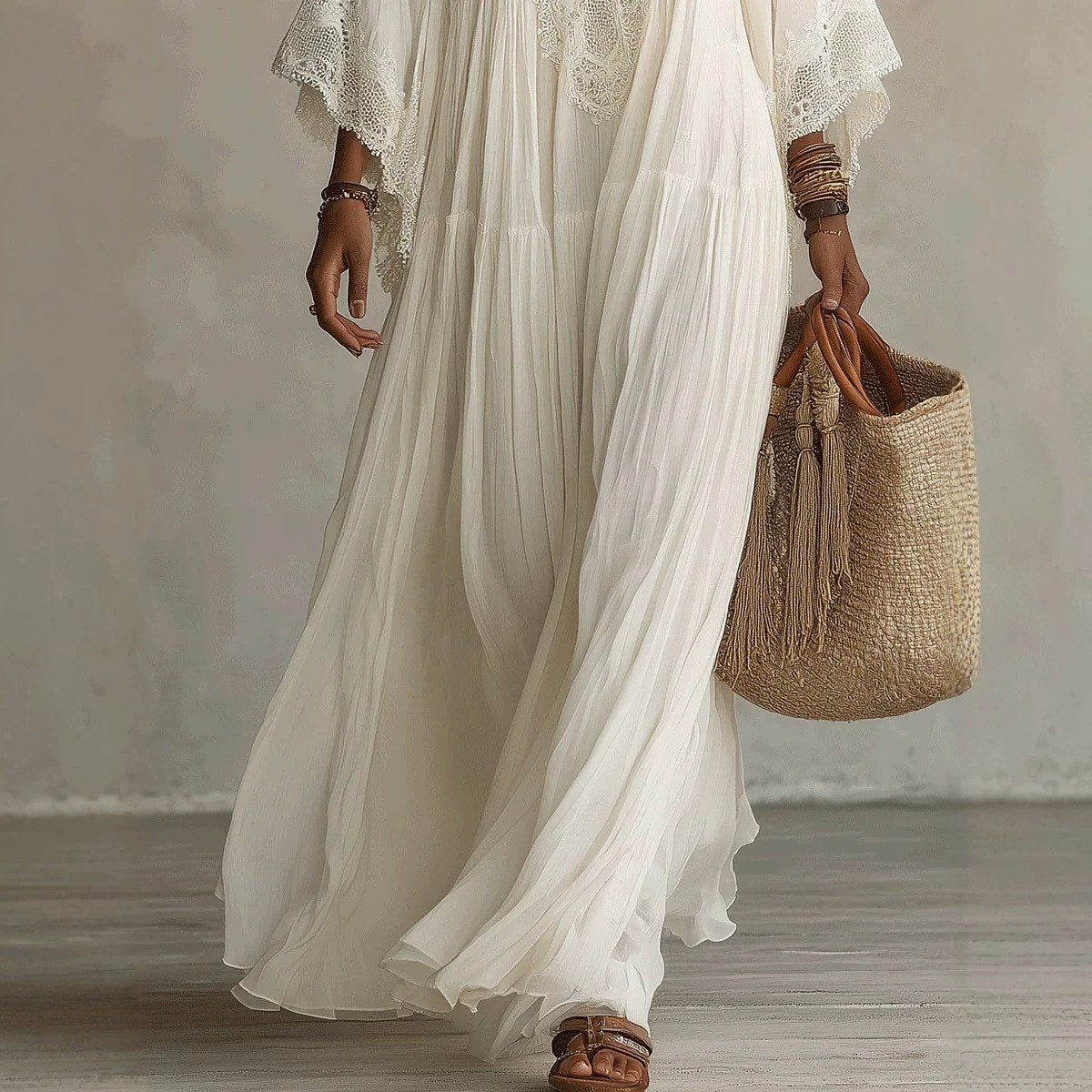 Ramona - Women's Lace V-Neck Flowing Boho Maxi Dress 4