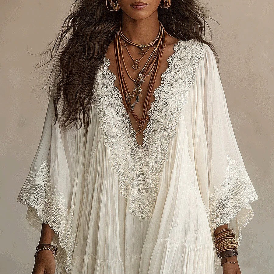 Ramona - Women's Lace V-Neck Flowing Boho Maxi Dress 5