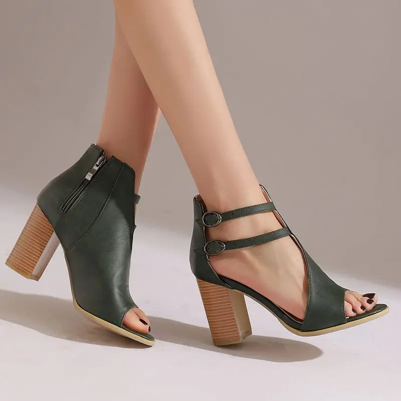Rebecca - Women's Peep-Toe Block Heels with Dual Ankle Straps