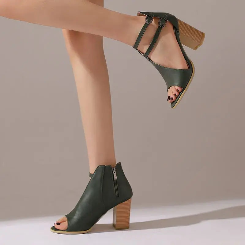 Rebecca - Women's Peep-Toe Block Heels with Dual Ankle Straps