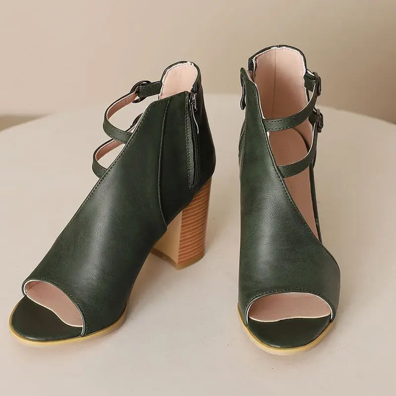 Rebecca - Women's Peep-Toe Block Heels with Dual Ankle Straps
