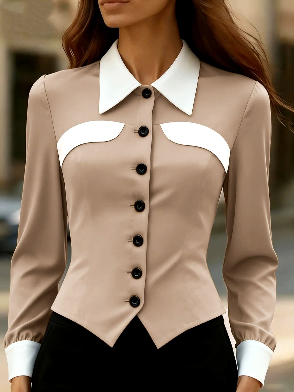 Rebecca - Women's Contrast Collar Button-Front Blouse 1