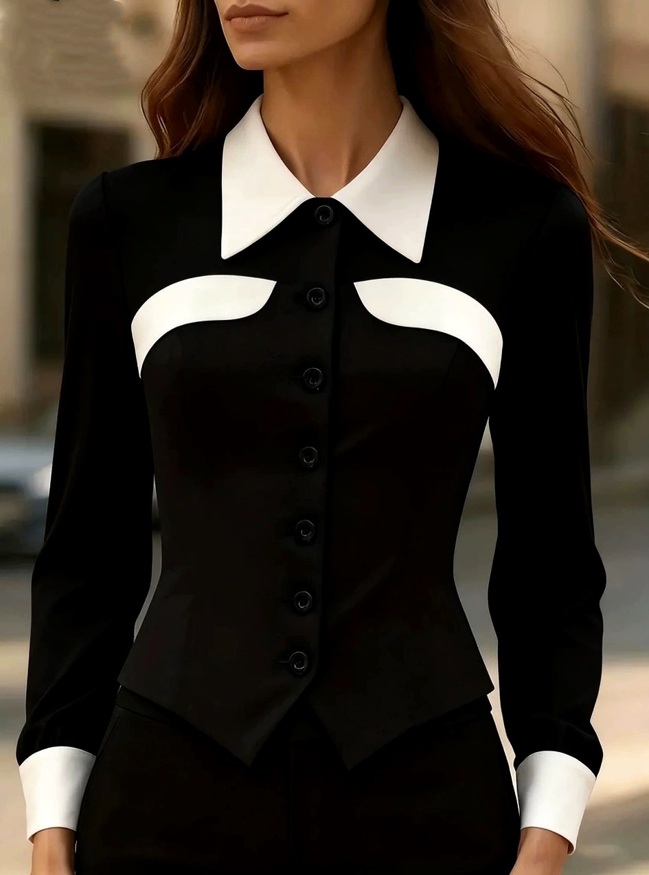Rebecca - Women's Contrast Collar Button-Front Blouse 3