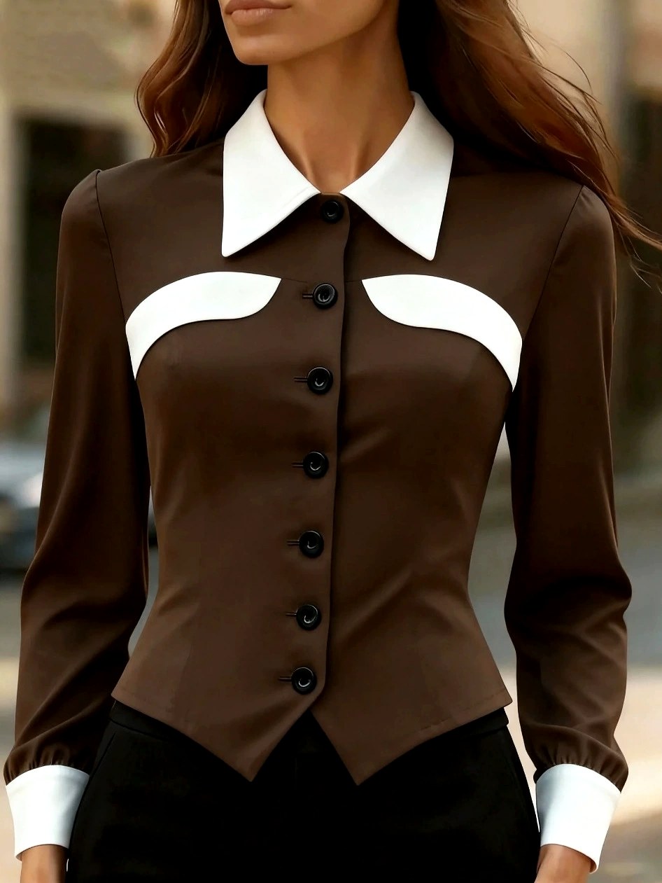 Rebecca - Women's Contrast Collar Button-Front Blouse 4