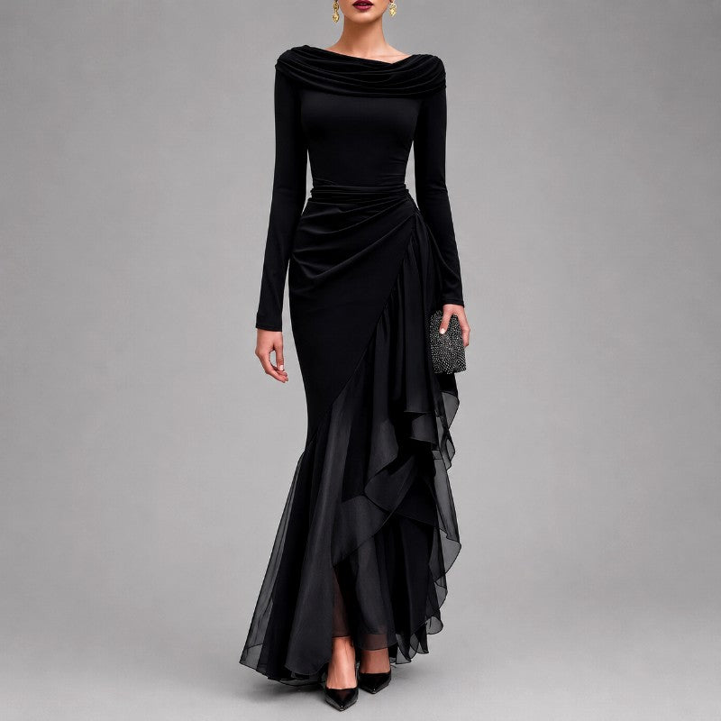 Rebecca - Women's Draped Neck Ruffle Maxi Dress 1