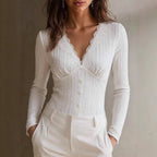 Rebecca - Women's Lace Trim Ribbed Knit Top 1