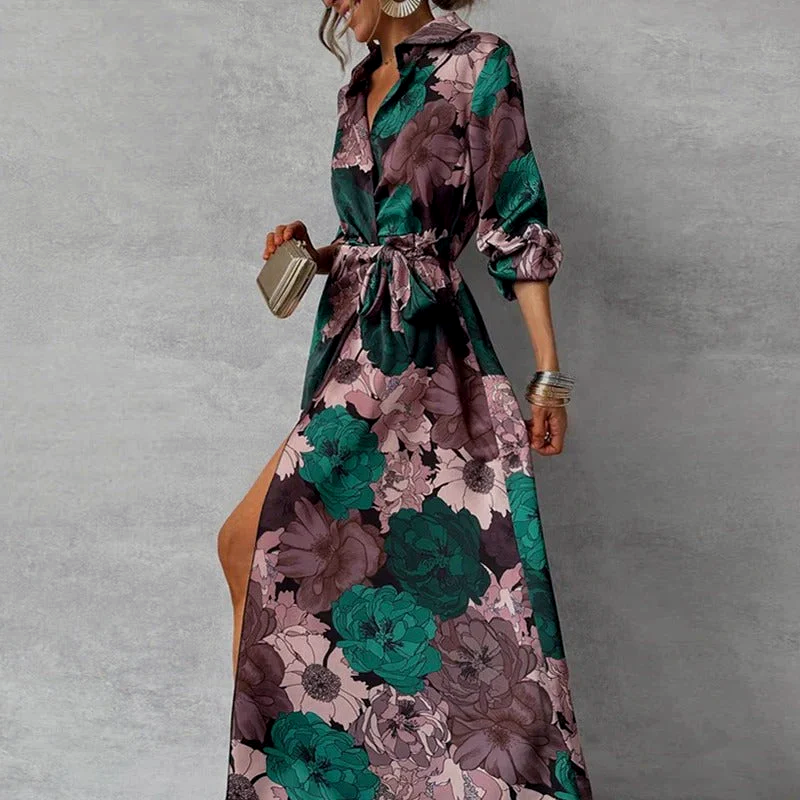 Reyna - Women's Collared Wrap Maxi Dress with Front Slit