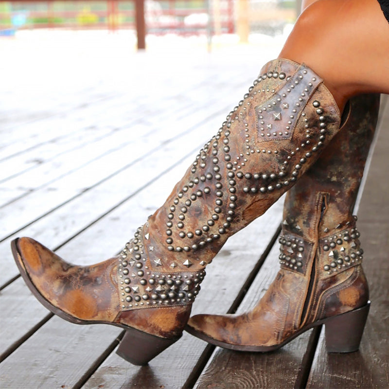 Rhea - Women's Studded Western Knee-High Boots