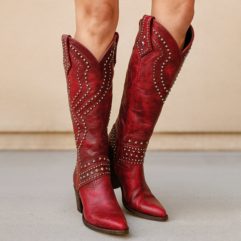Rhea - Women's Studded Western Knee-High Boots
