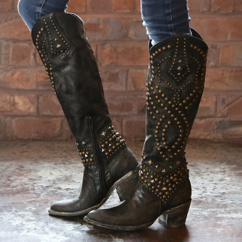 Rhea - Women's Studded Western Knee-High Boots