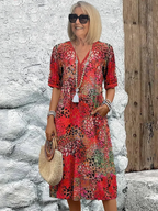 Rochelle - Women's Abstract Patterned V-Neck Midi Dress