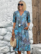 Rochelle - Women's Abstract Patterned V-Neck Midi Dress