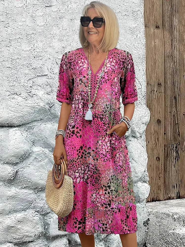 Rochelle - Women's Abstract Patterned V-Neck Midi Dress