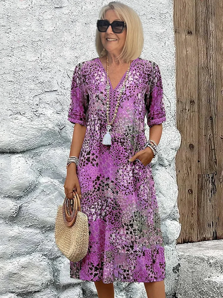 Rochelle - Women's Abstract Patterned V-Neck Midi Dress