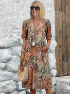 Rochelle - Women's Abstract Patterned V-Neck Midi Dress