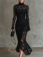 Rosa - Women's Lace Fishtail Maxi Dress with Mock Neck