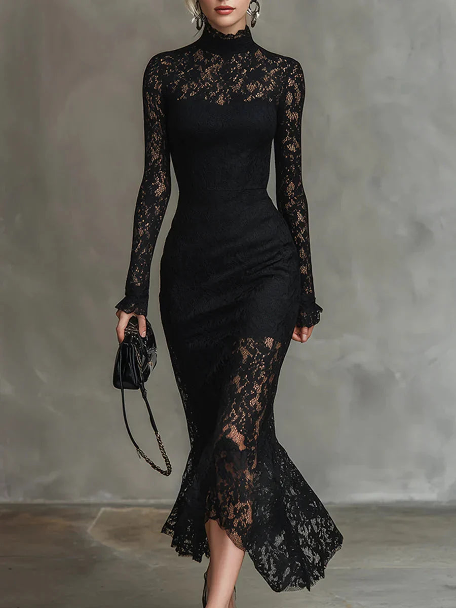 Rosa - Women's Lace Fishtail Maxi Dress with Mock Neck