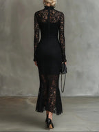 Rosa - Women's Lace Fishtail Maxi Dress with Mock Neck