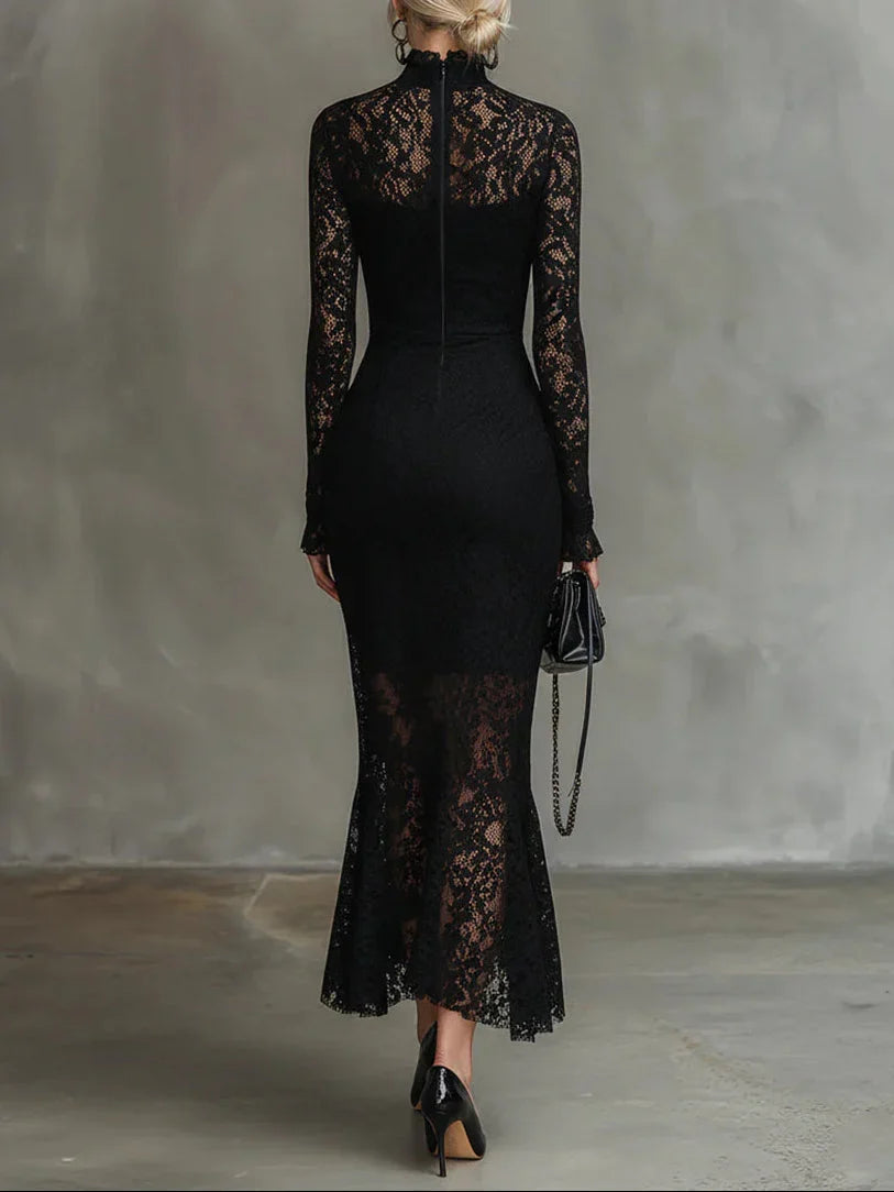 Rosa - Women's Lace Fishtail Maxi Dress with Mock Neck