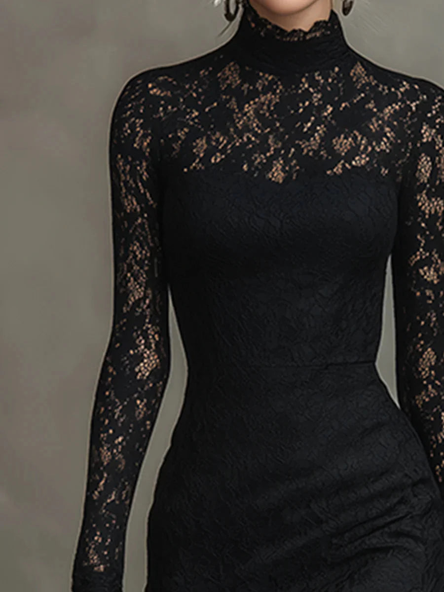 Rosa - Women's Lace Fishtail Maxi Dress with Mock Neck