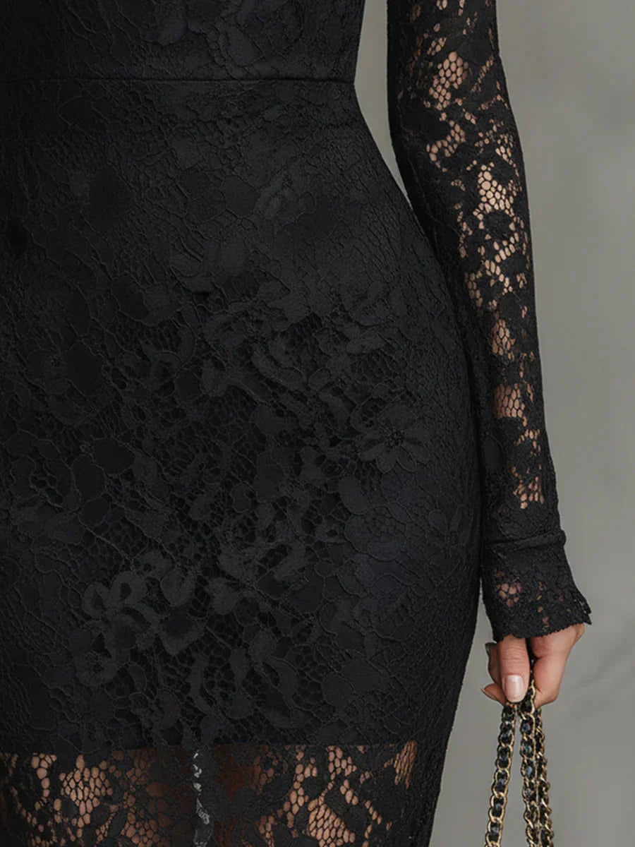 Rosa - Women's Lace Fishtail Maxi Dress with Mock Neck
