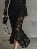 Rosa - Women's Lace Fishtail Maxi Dress with Mock Neck