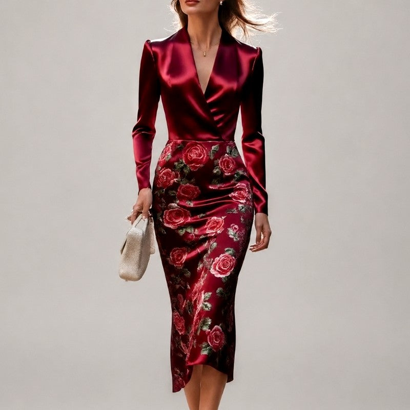 Rosalie - Women's Elegant Rose Print Satin Midi Dress 1